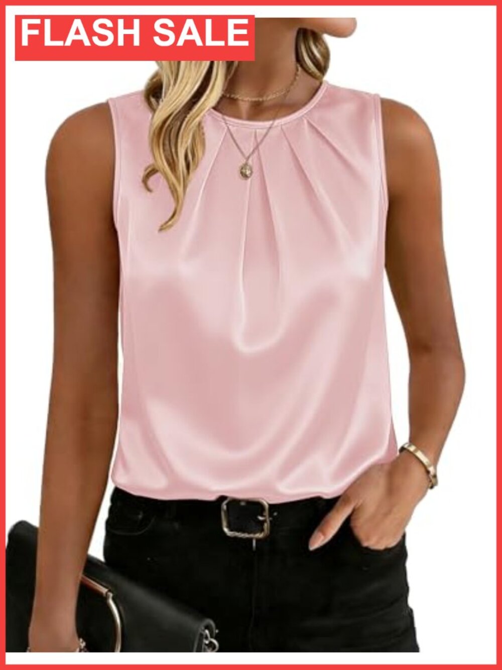 Silk Satin Tank Top Pleated Crew Neck Sleeveless Business Casual Blouse